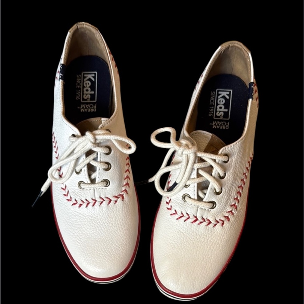 SOLD Keds White Leather Baseball Sneakers with Red Accents - Picture 1 of 8